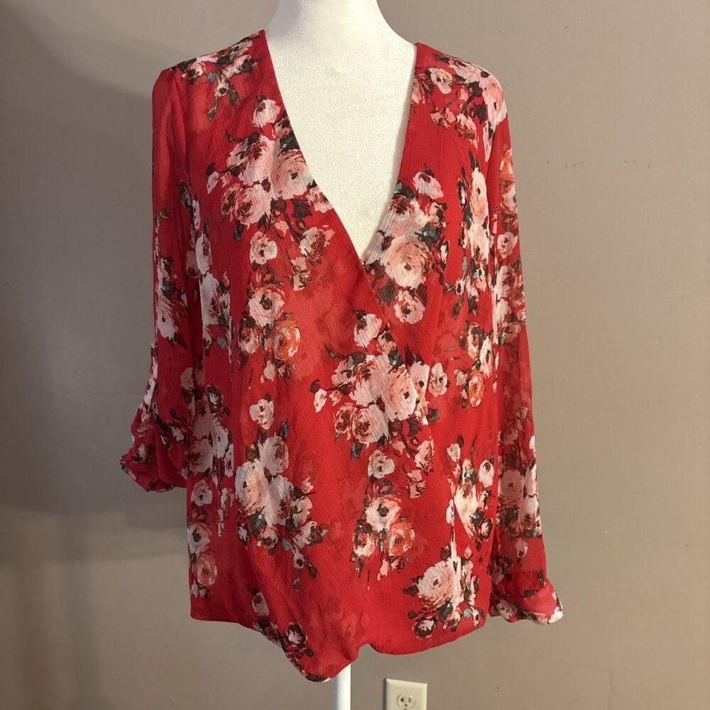 Kut From The Kloth Sheer Floral Blouse Red Faux Wrap Deep V-Neck Hi/Low Hem Sz M